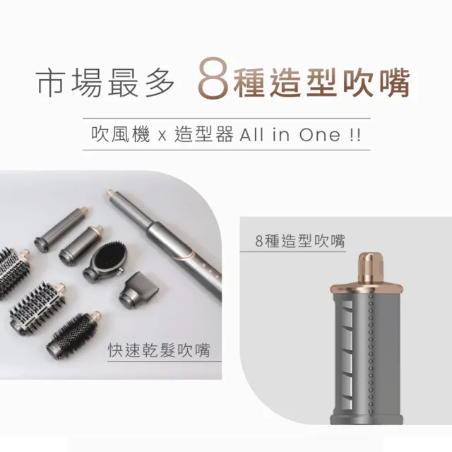 【Uniorange橙色雲】2億水潤負離子造型吹風機M8(8款造型吹頭/直捲吹三用/515g輕量設計/直髮梳/自動捲髮棒)