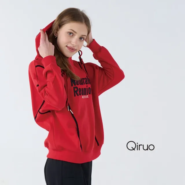 【Qiruo 奇若名品】上等棉質 連帽長袖紅色英文上衣 6256A 
