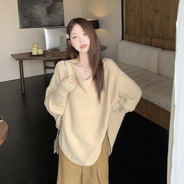 【D.studio】韓版氣質不規則蝙蝠袖針織上衣(毛衣長袖上衣衣服保暖上衣冬天女裝秋冬女裝發熱衣 t恤W638)