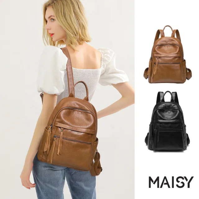 【MAISY】復古百搭大容量防水軟皮雙肩包 後背包(棕色/黑色)