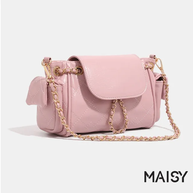 【MAISY】氣質百搭簡約菱格皮面小方包 手提包 斜跨包(米白/粉/黑)