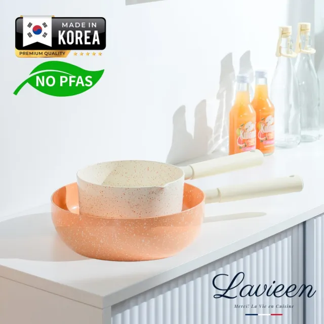 【Korea King】法式優雅天然陶瓷不沾2鍋4件組 18cm湯鍋+26炒鍋(韓國製｜適用IH爐洗碗機｜無PFAS)