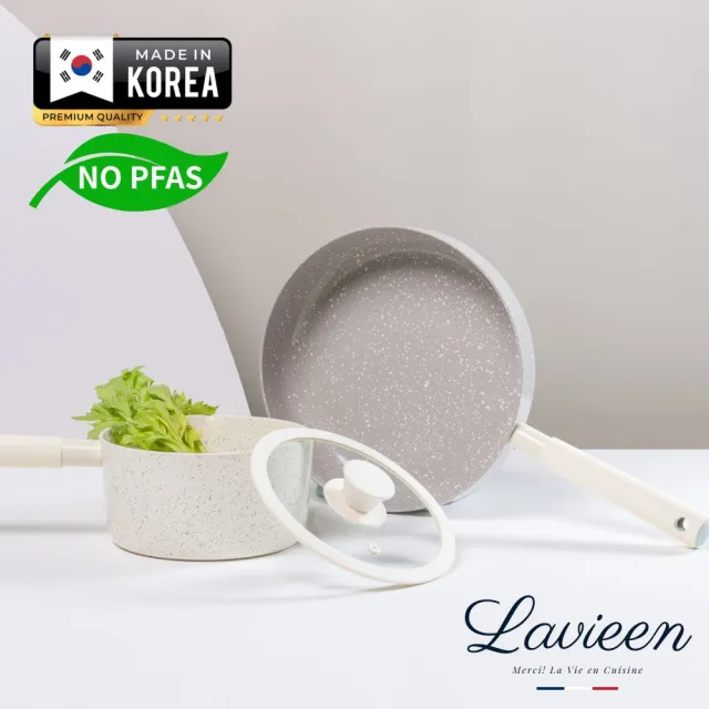 【Korea King】法式優雅天然陶瓷不沾2鍋4件組 26cm平底鍋+18湯鍋(韓國製｜適用IH爐洗碗機｜無PFAS)