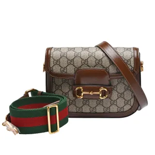 【GUCCI 古馳】經典1955 Horsebit系列GG Supreme帆布雙背帶斜背包(卡夾-烏木色658574-HUHHG-8565-1)
