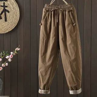 【ACheter】復古全棉棉褲鬆緊腰顯瘦保暖加厚長褲#126561(卡其  咖  黑)