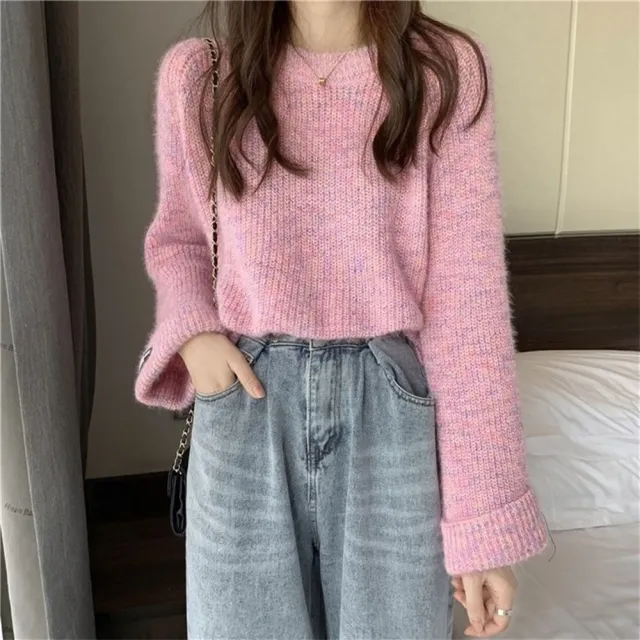 【D.studio】韓版寬鬆溫柔風針織上衣(毛衣長袖上衣衣服保暖上衣冬天女裝秋冬女裝發熱衣長袖t恤W639)