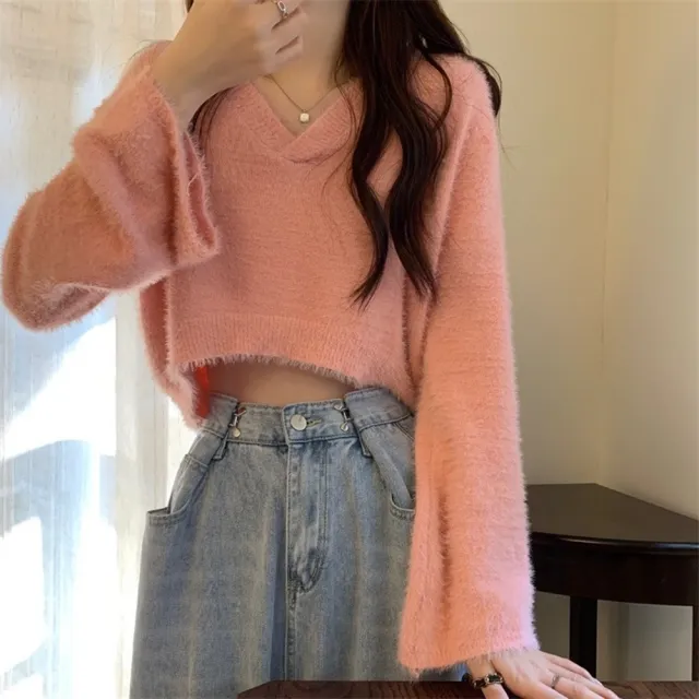 【D.studio】韓版寬鬆氣質針織上衣(毛衣長袖上衣衣服保暖上衣冬天女裝女裝發熱衣毛毛上衣W637)