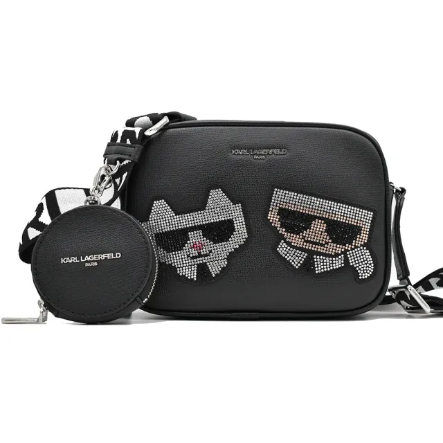 【KARL LAGERFELD 卡爾】卡爾老佛爺水鑽人像貓咪相機包(附零錢包)