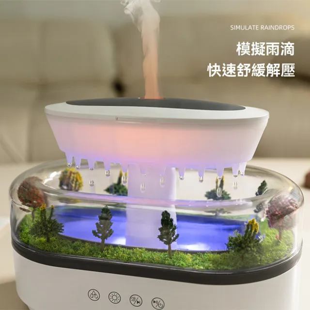 【沁仕家】微景觀香薰機 雨滴加濕器 清淨機 香氛機 水氧機(250ML水箱 七彩氛圍燈 輕鬆加水 矽膠腳墊)
