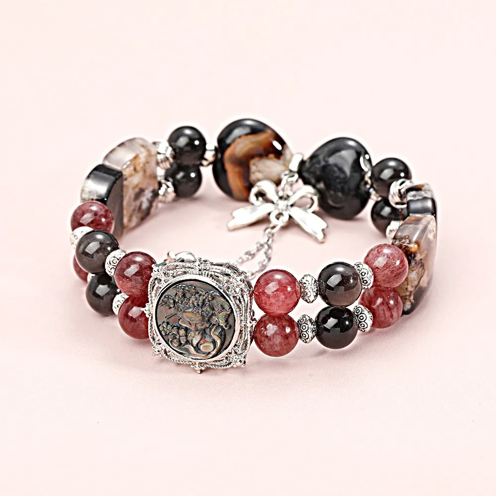 【赫本珠寶】設計款-九尾仙狐黑貝魔盒黑櫻花瑪瑙雙排手鍊