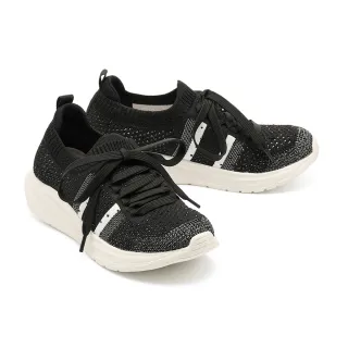 【MELROSE】美樂斯 率性時尚撞色線條晶鑽飛織布綁帶厚底休閒鞋(黑)
