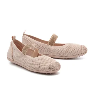 【MELROSE】美樂斯 率性優雅燙鑽鬆緊帶拼接飛織布瑪莉珍平底鞋(粉)