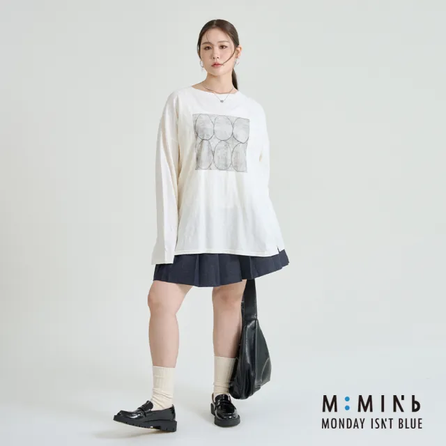 【M:MINb】幾何圖案廓形純棉長袖T恤(米色/中大尺碼女裝/大尺碼女裝/XL女裝/上衣/大尺碼上衣/長袖上衣)