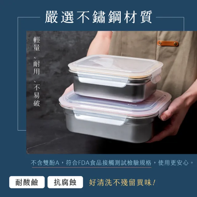 【KINYO】超大容量可微波304不鏽鋼保鮮盒五件組 4L+2.1L+1.2L+650ML+250ML(可堆疊收納 KLC-4005)