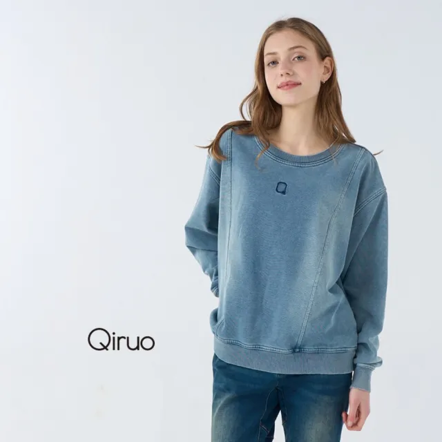 【Qiruo 奇若名品】牛仔布料 圓領車線縮下擺 休閒長袖上衣 4013A 