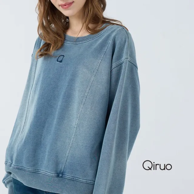 【Qiruo 奇若名品】牛仔布料 圓領車線縮下擺 休閒長袖上衣 4013A 