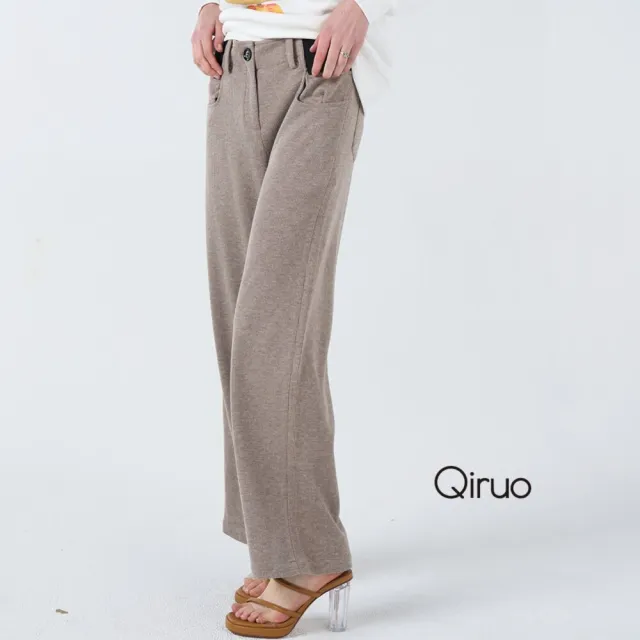 【Qiruo 奇若名品】柔軟棉布 淺咖啡色後鬆緊寬版長褲4002C 