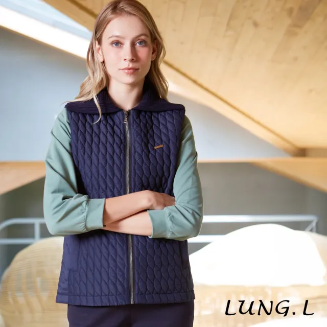 【LUNG.L 林佳樺】LS95D50 藍色鋪棉拼接針織領女裝背心(秋冬新品 加大尺碼 保暖)
