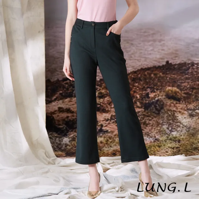 【LUNG.L 林佳樺】LT59E 灰綠色斜織紋造型口袋修身女裝長褲(秋冬新品 加大尺碼 保暖)