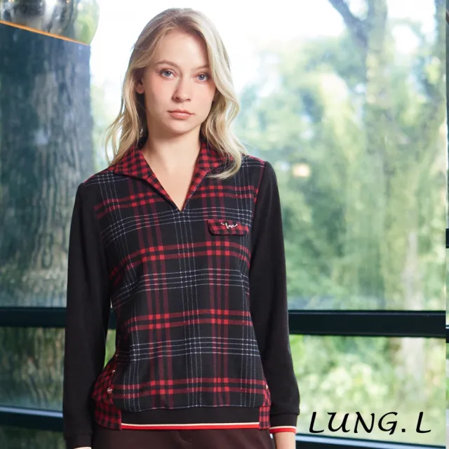 【LUNG.L 林佳樺】LT68A 桃黑格紋拼接黑色針織長袖女裝上衣(秋冬新品 保暖)