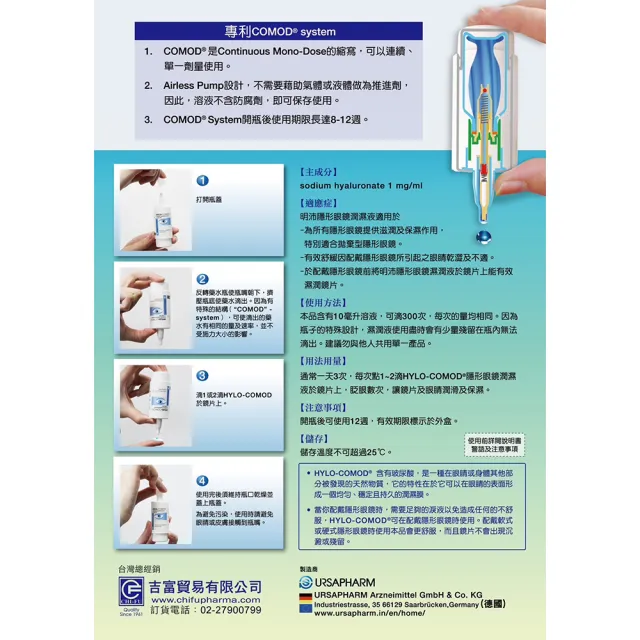 【德國HYLO-COMOD】明沛 隱形眼鏡潤濕液 10ml/盒 1盒組(含玻尿酸 隱形眼鏡藥水 保養液)