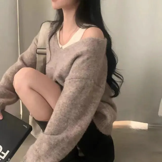 【D.studio】韓版顯瘦V領長袖針織上衣+針織背心(套裝毛衣長袖上衣女裝衣服發熱衣保暖上衣W526)