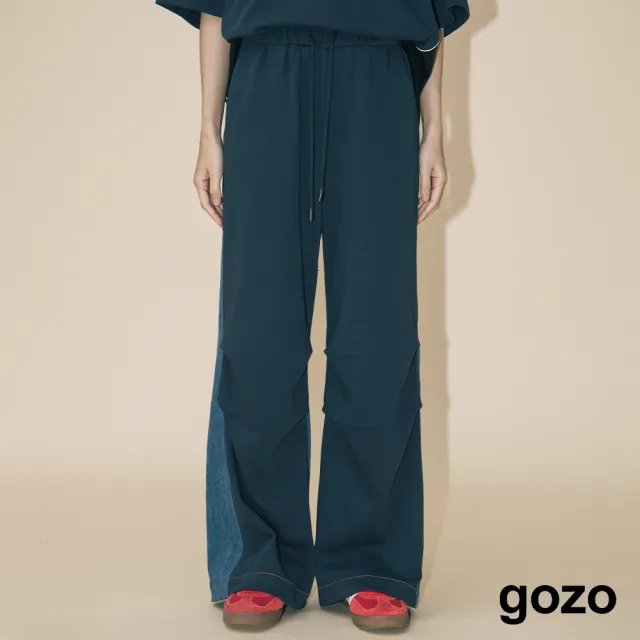 【gozo】A｜異材質拼接立體打褶抽繩牛仔寬褲(兩色)