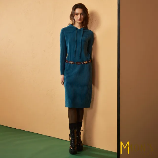 【MON’S】坑條連帽慵懶風針織洋裝(直)