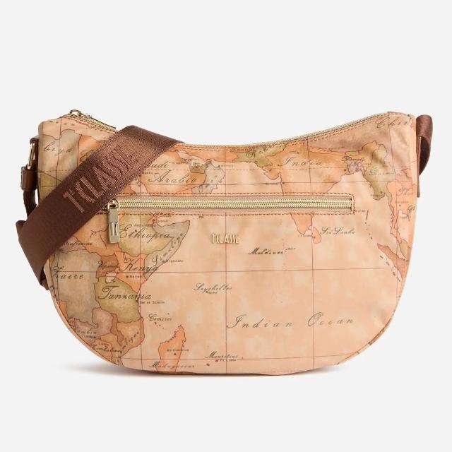 【Alviero Martini】義大利地圖包 超輕量尼龍 弧型休閒側背包33cm(地圖黃x咖啡色 斜背)