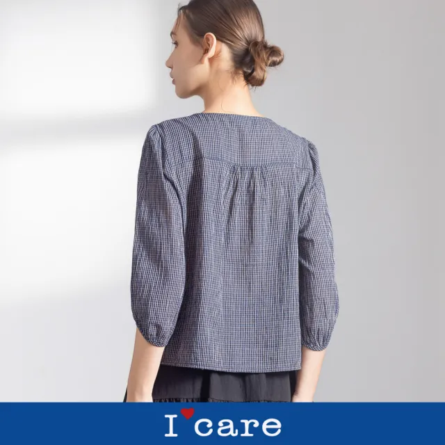 【I’Care 依卡】現貨-自然系格紋小開口休閒上衣 - 2色（F）｜女休閒上衣 日常百搭 韓系穿搭(707-11801)