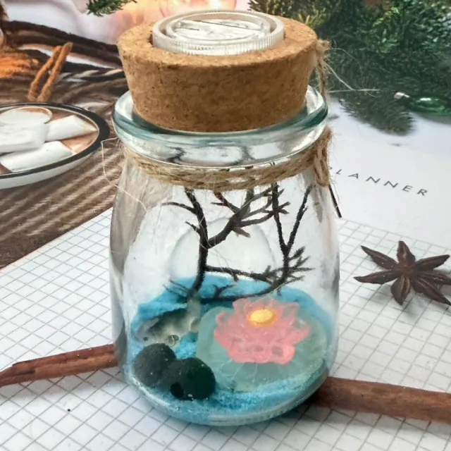 【A-ONE 匯旺】黑鯉魚+夜光荷花荷葉 創意植栽瓶 含2顆綠藻 白光LED 150ml布丁杯 DIY微景觀水草瓶