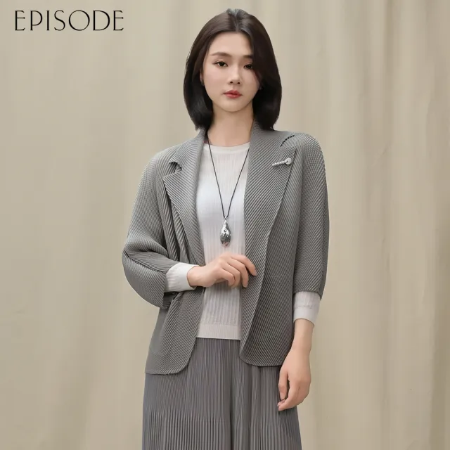【EPISODE】通勤褶皺翻領長袖西裝開衫外套E54017(灰/粉)