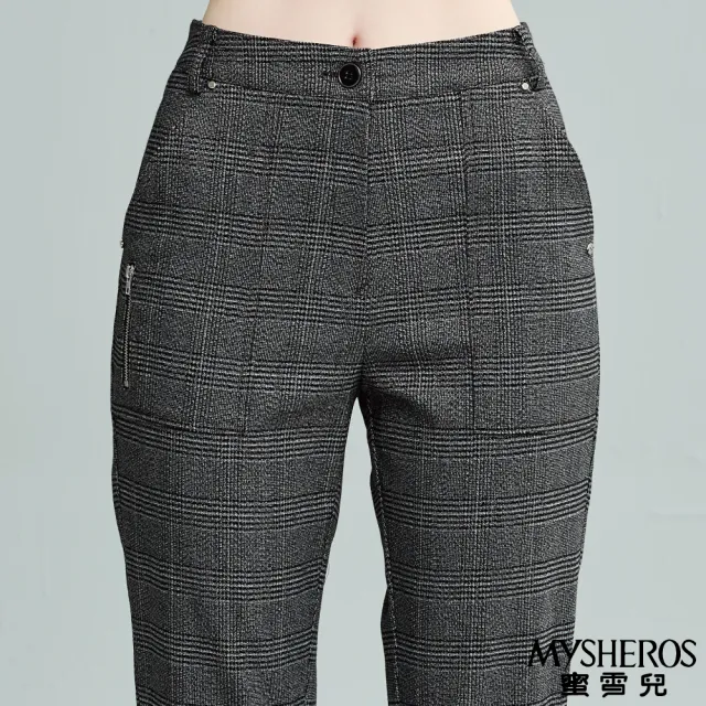【MYSHEROS 蜜雪兒】造型嫘縈長褲 前釦拉鍊後鬆緊 英倫風葛倫格紋(灰)