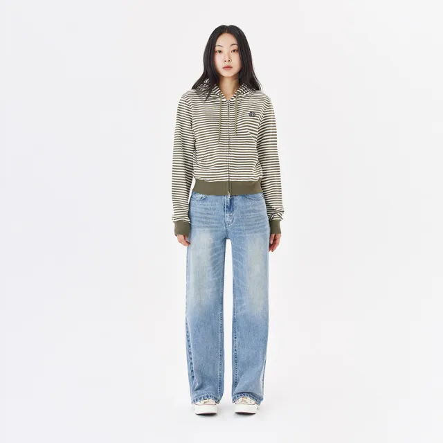 【Mark Gonzales】女裝 刺繡小天使寬版刷色牛仔褲-灰藍色