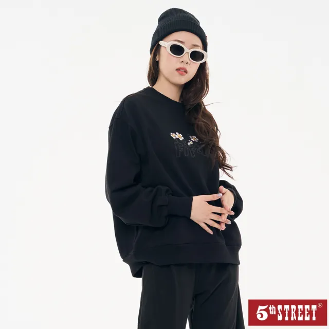 【5th STREET】女裝 長袖 寬版上衣 大學t 黑色(561007)