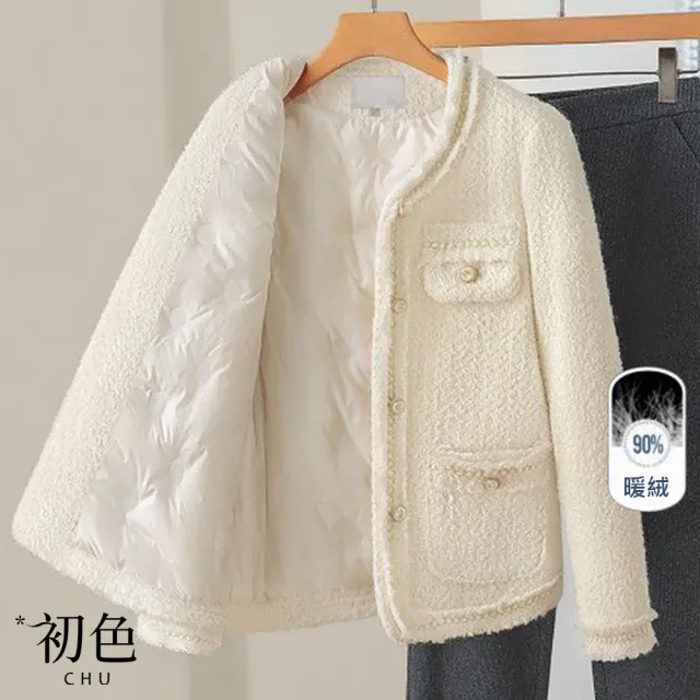 【初色】小香風純色圓領單排釦口袋毛呢長袖棉服外套女外套-共3色-17018(M-2XL可選)