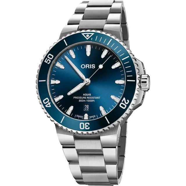 【ORIS 豪利時】Aquis 時間之海300米潛水日期機械錶-銀x藍/43.5mm(0173377894135-0782304PEB)