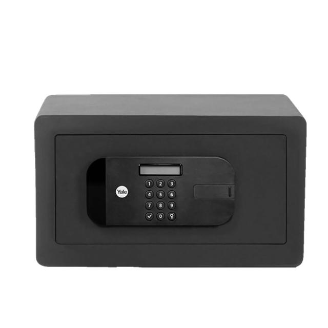 Yale耶魯 YLFB/200/EB1 指紋密碼雙設計保險箱，提供高安全性指紋辨識與密碼開鎖功能，適閤家庭或辦公室防盜使用。外尺寸高20cm寬48cm深36.5cm（±2%，深包含面板），內尺寸高19cm寬47cm深30cm（±2%），重量14.9公斤，中國製造。內容物包含主鑰匙、保固卡、說明書，使用電池供電，享有1年保固。Yale耶魯品牌確保可靠品質，高效儲存檔案與貴重物品，防盜指紋鎖保險箱首選。