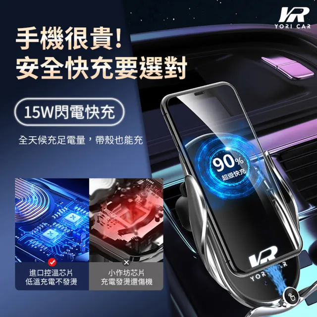 【YORI優里】車用無線充電支架(汽車手機支架 15W快充 鋼化玻璃 出風口支架 導航支架)