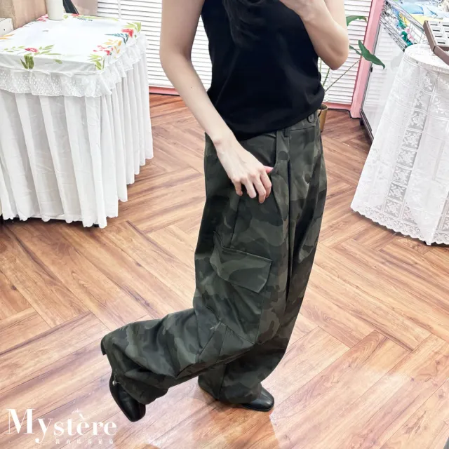 【my stere 我的時尚秘境】雙11 迷彩工裝彎刀褲(多口袋 縮口可調 鬆緊綁帶腰頭 寬鬆休閒褲 街頭