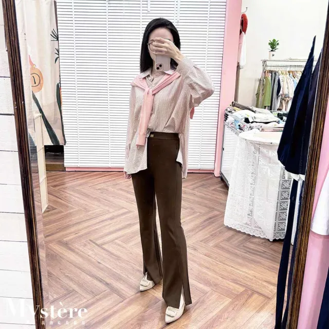 【my stere 我的時尚秘境】雙11 顯瘦女神褲 開衩款 兩色可選(緊身褲 細閃褲 小喇叭褲 黑褲 打底