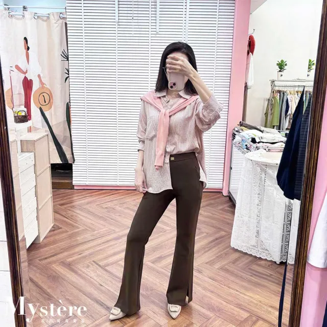 【my stere 我的時尚秘境】雙11 顯瘦女神褲 開衩款 兩色可選(緊身褲 細閃褲 小喇叭褲 黑褲 打底