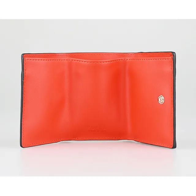 【FURLA 芙拉】FURLA Primula復古金LOGO小牛皮3卡按釦式三折短夾(迷你/橘紅)