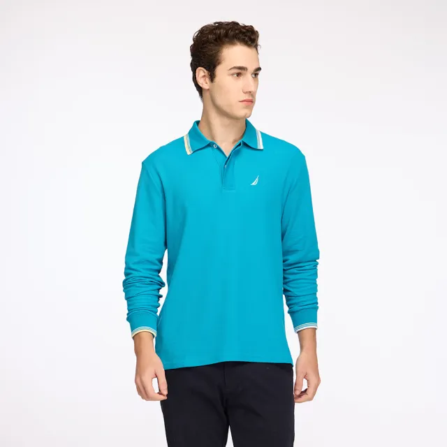 【NAUTICA】官方旗艦 男裝 跳色線條領口長袖POLO衫(藍色)