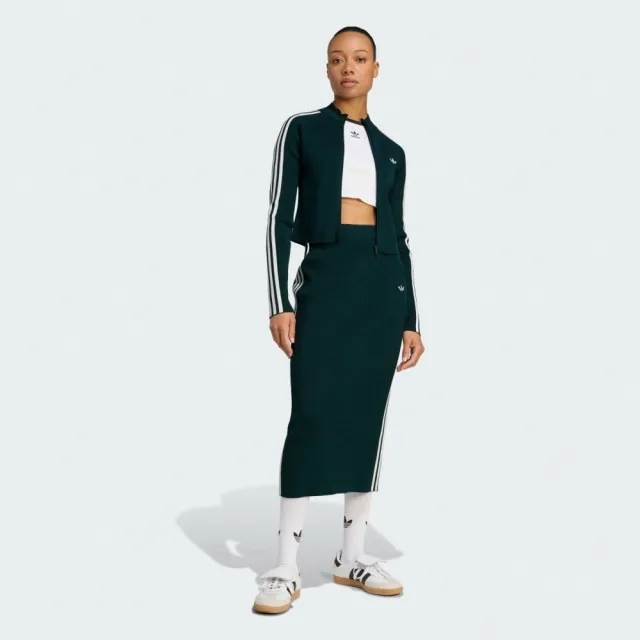【adidas 愛迪達】愛迪達 Slim Knit Tt 女 外套 運動外套 休閒穿搭 深綠 白 亞版(JY2599)