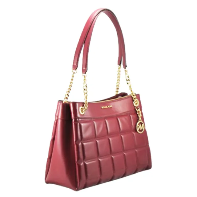 【Michael Kors】SUSAN金屬LOGO方格皮革側肩/肩背/托特包30F4GUSE2L(深紅)