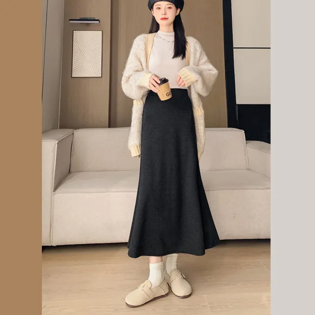【Pure 衣櫃】純色毛呢半身魚尾A字高腰女長裙(高腰女長裙/KDSQ-122)