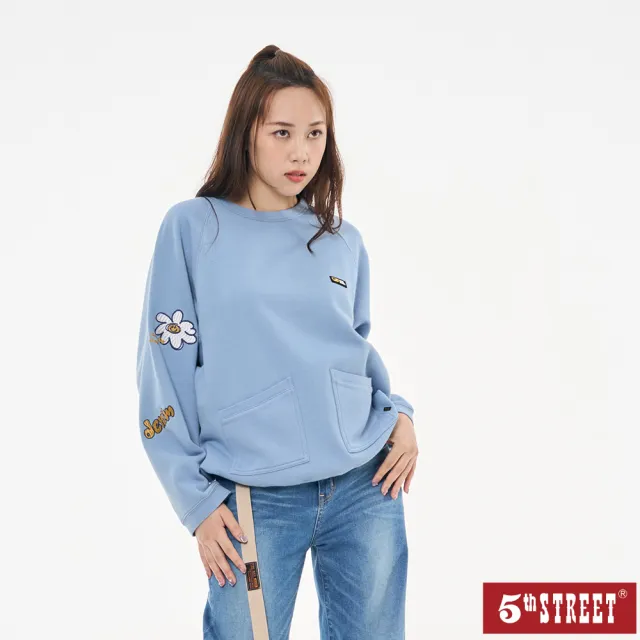 【5th STREET】女裝 長袖 logo 寬版上衣 大學t 藍色(560971)