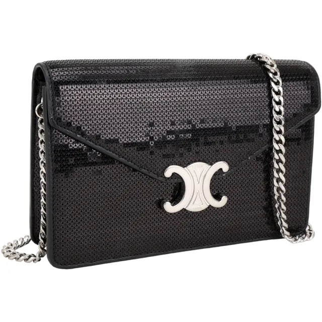 【CELINE】賽琳 Triomphe 凱旋門牛皮鍊帶肩 斜背包-亮片 黑色(肩背包 斜背包)