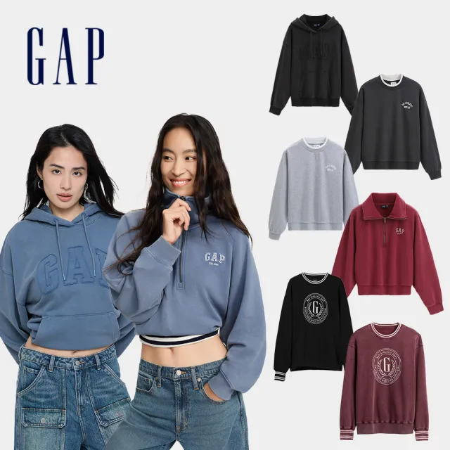【GAP】女裝 Logo刺繡/印花假兩件圓領帽T/刷毛翻領大學T-多款任選(795440&795441&795458&817101)